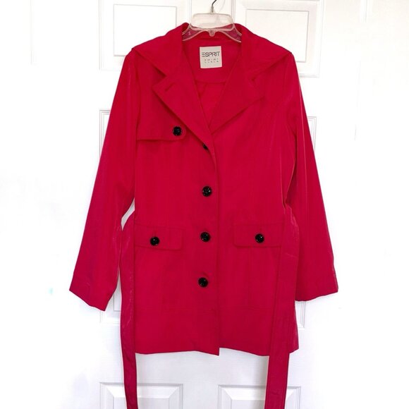 Esprit Lined short trench coat Women’s Large Red Belt Hooded Pockets Button Up - Picture 1 of 10